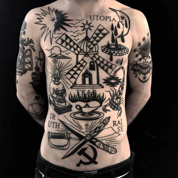 Blackwork Skull, Windmill tattoo on Chest