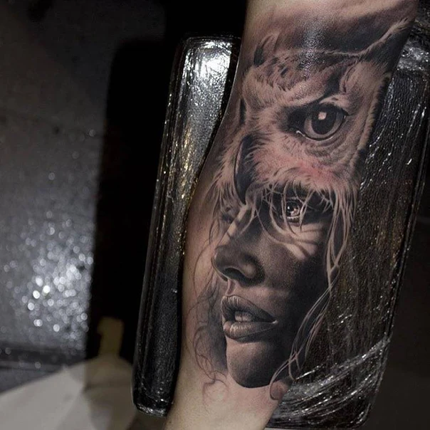 Realism Owl, Portrait tattoo on Forearm