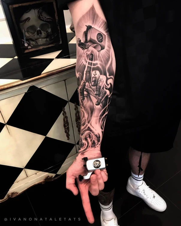 Black & Grey Hands, Tattoo machine tattoo on Full Sleeve
