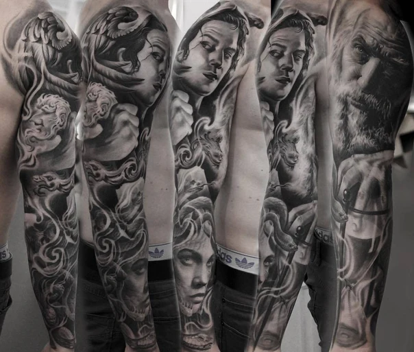 Realism Portrait, Angel tattoo on Full Sleeve