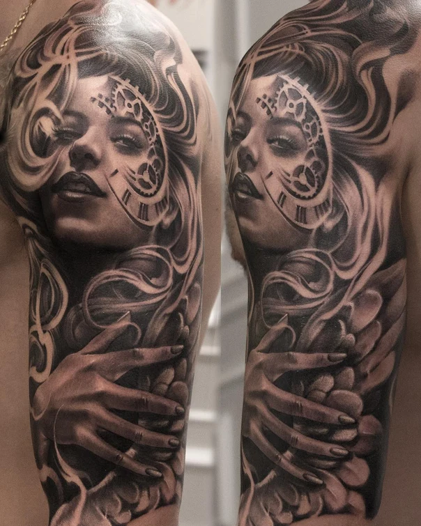 Realism Portrait, Clock tattoo on Shoulder