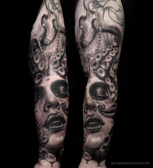 Realism Face, Octopus tattoo on Full Sleeve