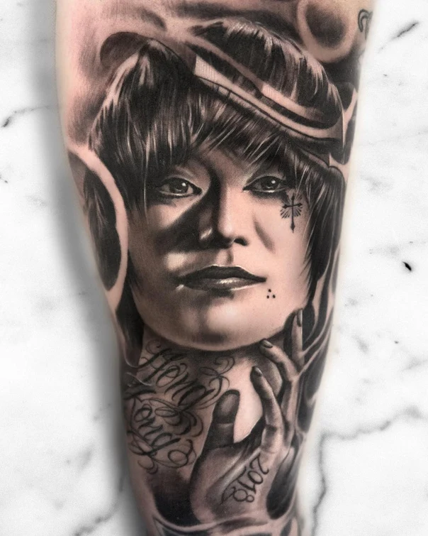 Realism Portrait, Lettering tattoo on Forearm