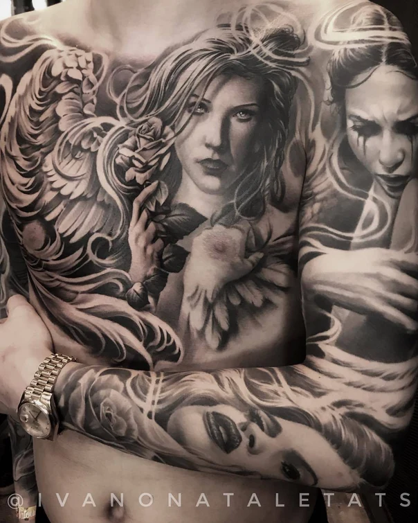 Realism Portrait, Rose tattoo on Full Sleeve