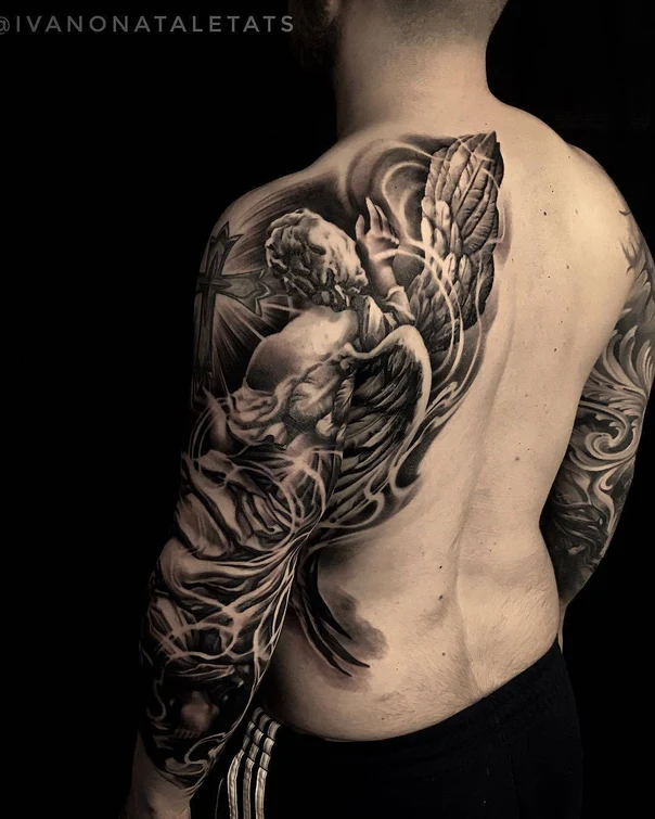 Realism Angel, Cross tattoo on Full Back