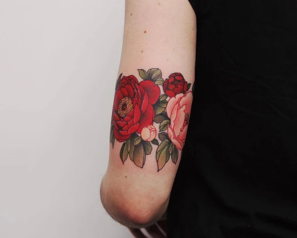 Botanic Flowers, Leaves tattoo on Forearm