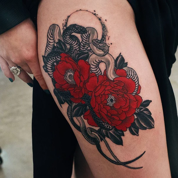 Neo Traditional Snake, Flowers tattoo on Thigh