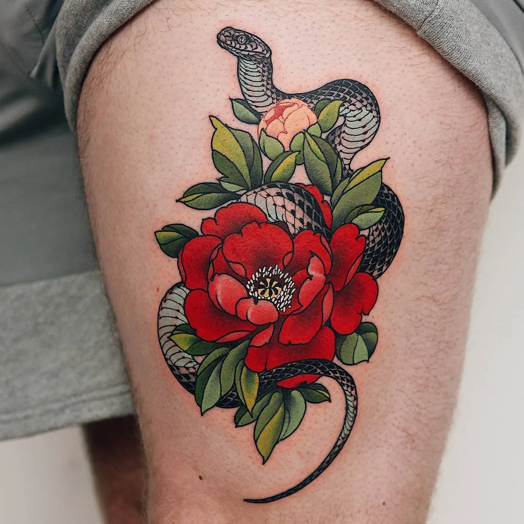 Tattoo artist Yuuz - color floral oriental tattoo. Guest of the 10th International Moscow Tattoo Convention | Korea, Seoul