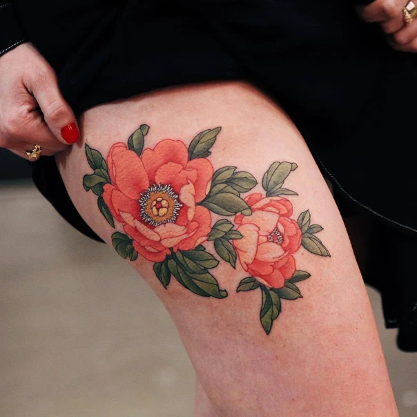 Botanic Flower, Leaves tattoo on Thigh