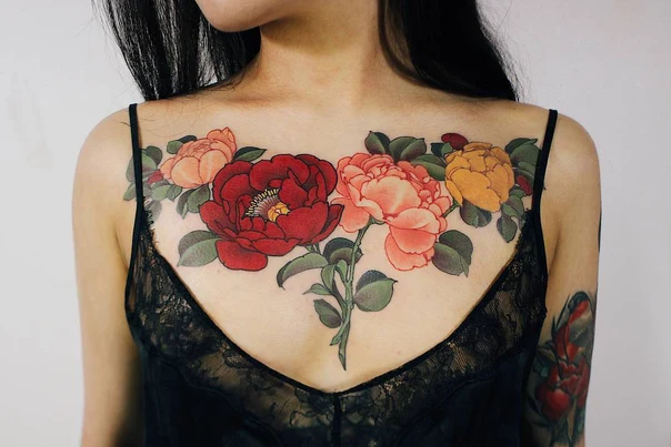 Japanese Flower, Peony tattoo on Chest