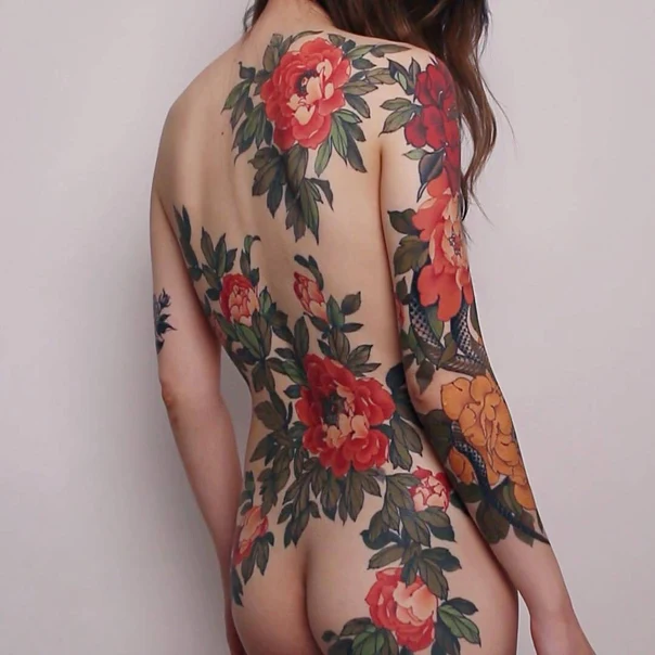 Japanese Flowers, Leaves tattoo on Full Back