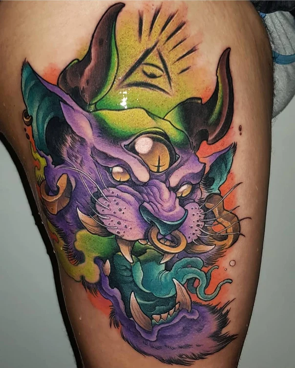 New School Cat, Demon tattoo on Thigh