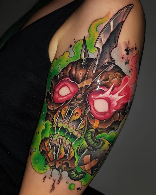 New School Skull, Monster tattoo on Upper Arm