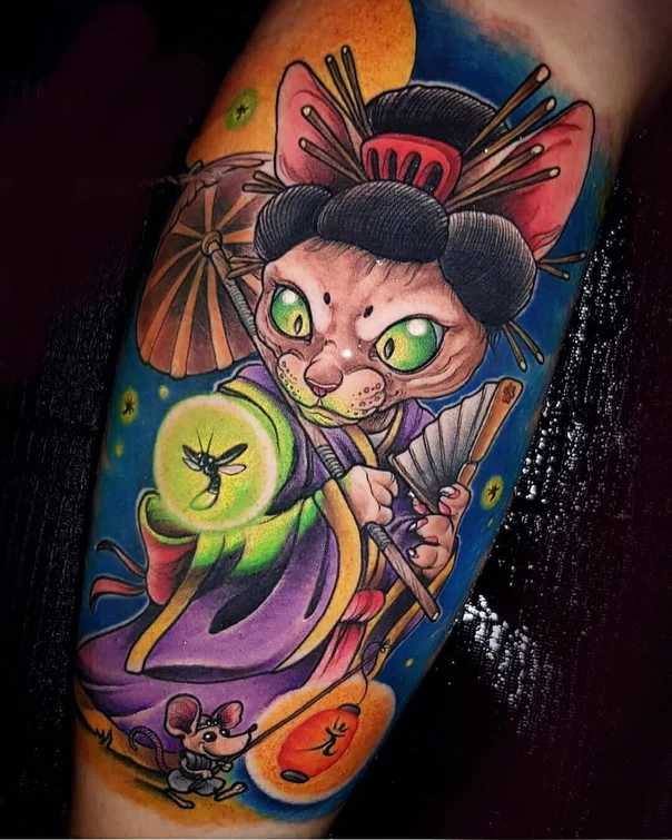 Japanese Cat, Geisha tattoo on Forearm