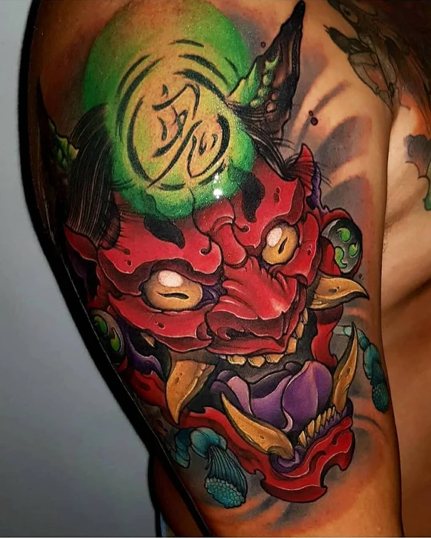 Japanese Oni, Japanese calligraphy tattoo on Shoulder