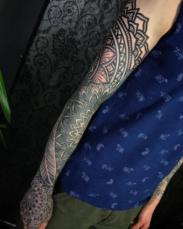 Mandala Mandala, Feather tattoo on Full Sleeve