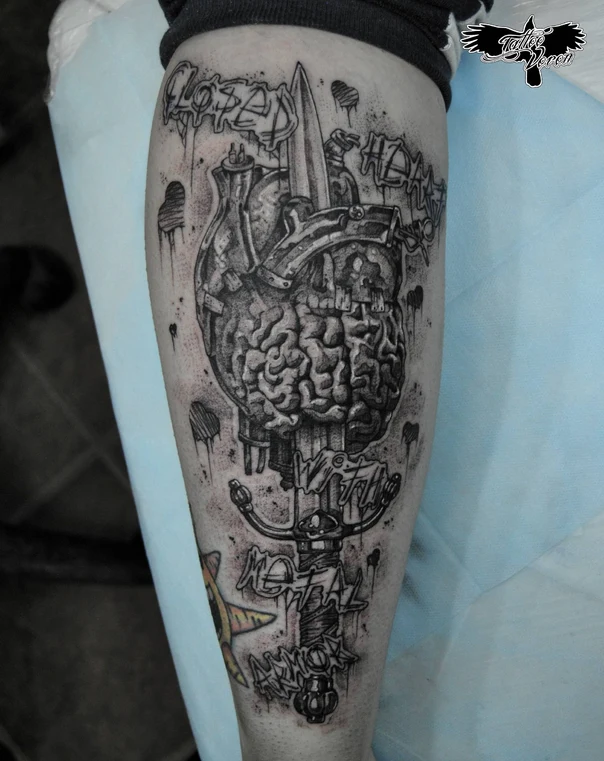 Blackwork Heart, Brain tattoo on Forearm