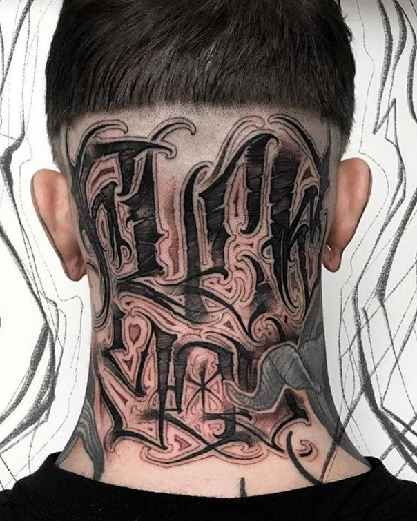 Blackwork Lettering tattoo on Back of Neck
