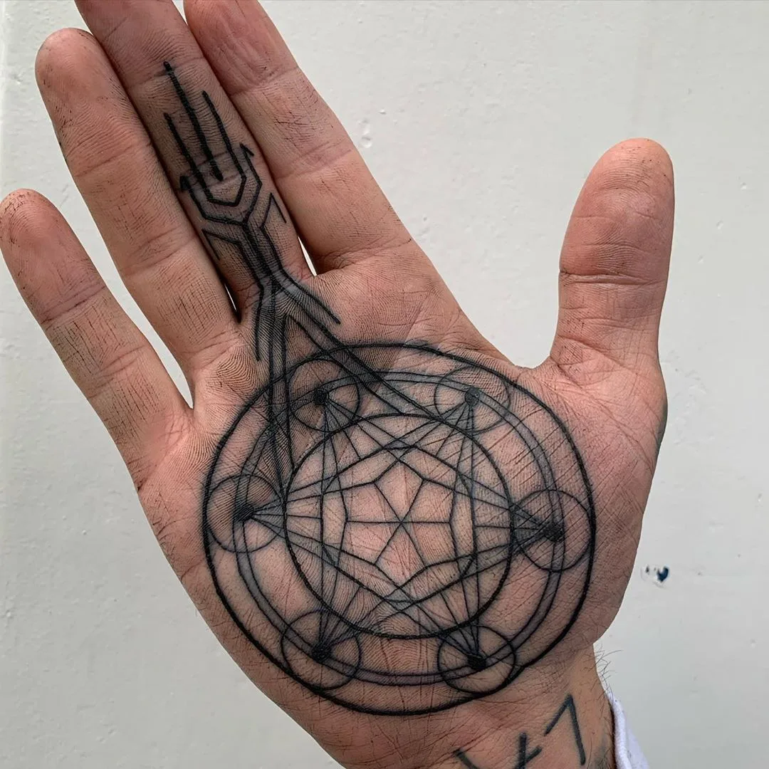 Palm tattoo, tattoo artist Luke.A.Ashley, black tattoo | London, United Kingdom