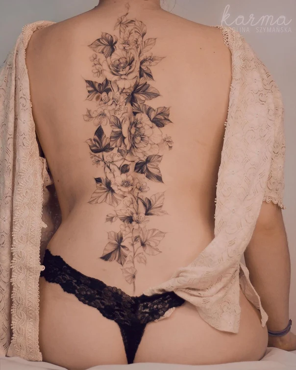 Botanic Flowers, Leaves tattoo on Full Back