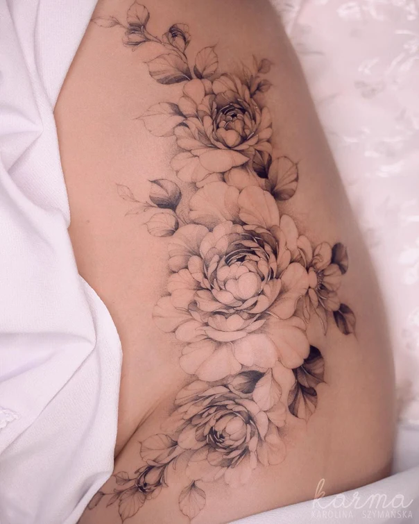 Fineline Flowers, Leaves tattoo on Thigh