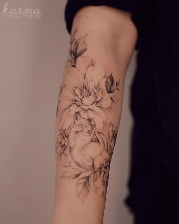 Fineline Flowers, Cat tattoo on Forearm