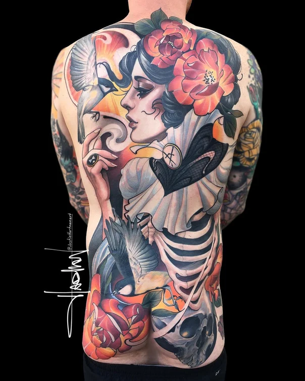 Neo Traditional Portrait, Bird tattoo on Full Back
