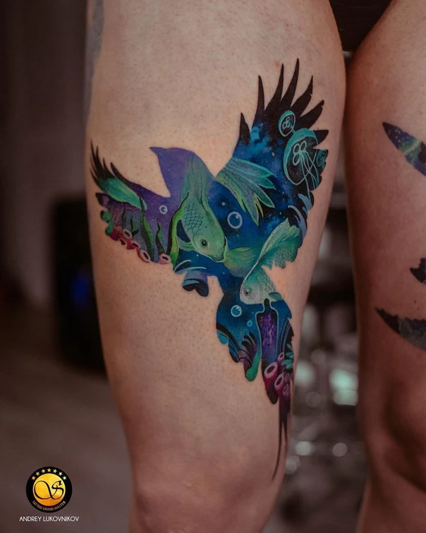 Illustrative Bird, Fish tattoo on Thigh