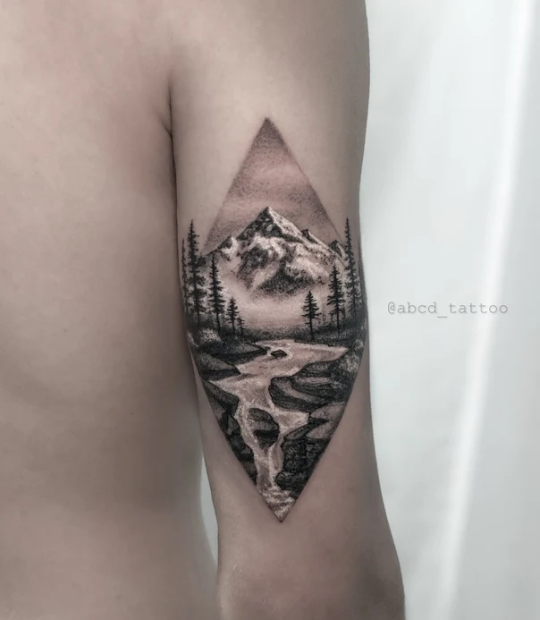 Black & Grey Mountain, River tattoo on Forearm