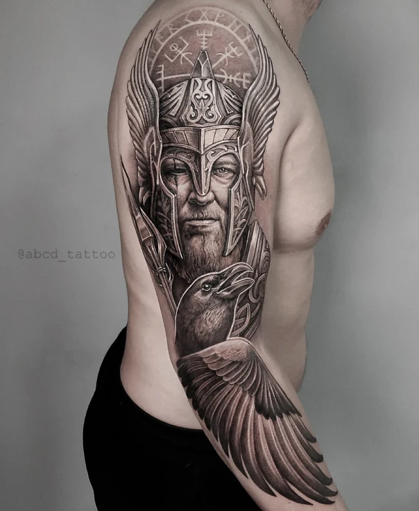 Black & Grey Viking, Raven tattoo on Full Sleeve