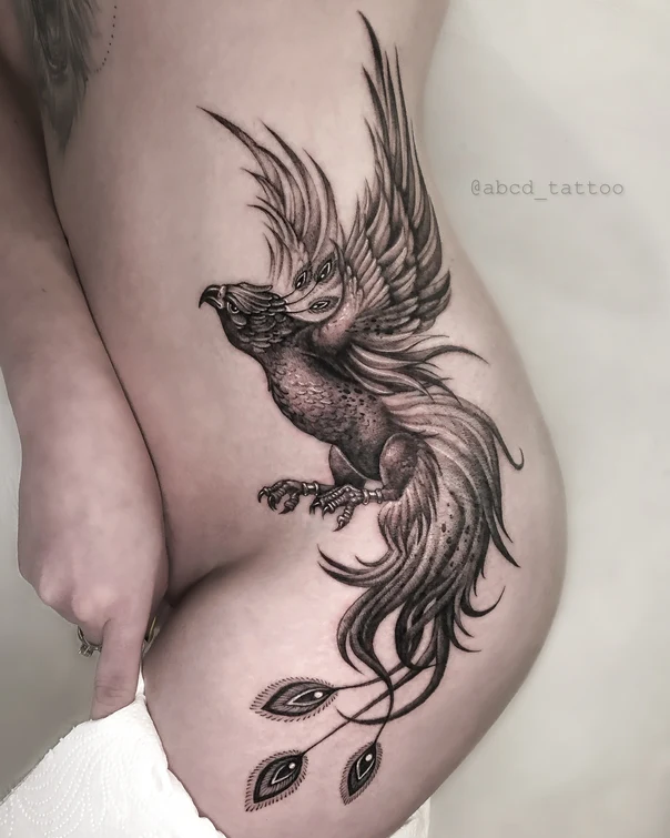 Black & Grey Phoenix, Bird tattoo on Thigh