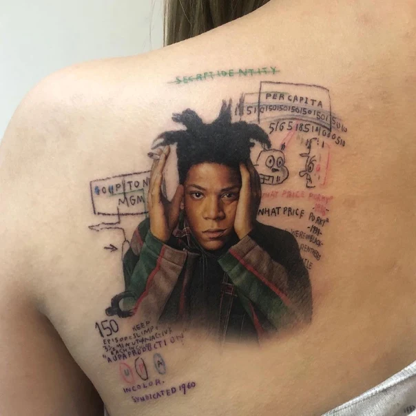 Illustrative Portrait, Text tattoo on Shoulder Blade