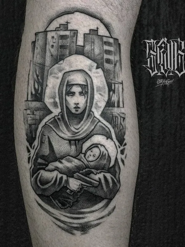 female black and grey blackwork tattoo on calf #38835 | Tattoo Artist Коля Саб