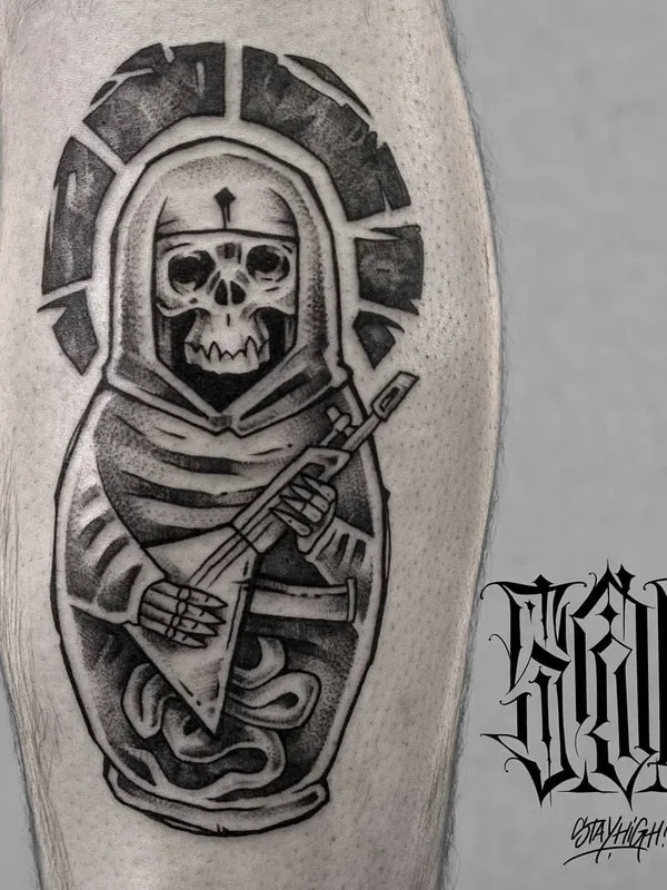 black and grey blackwork tattoo on calf #38827 | Tattoo Artist Коля Саб