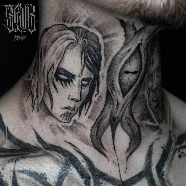 Чёрно-серая Portrait, Eye tattoo на Шея