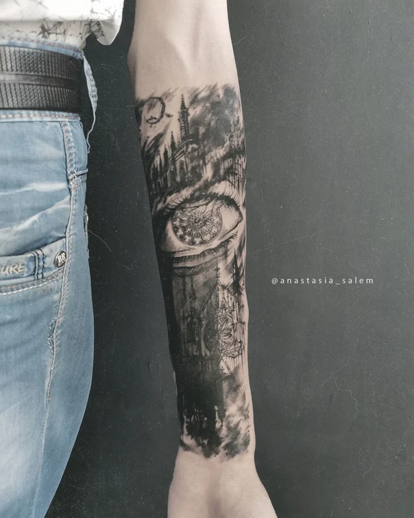 Скетч / Набросочная Eye, Architecture tattoo на Предплечье