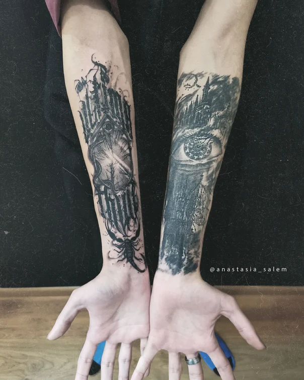 Блэкворк Eye, Scorpion tattoo на Предплечье