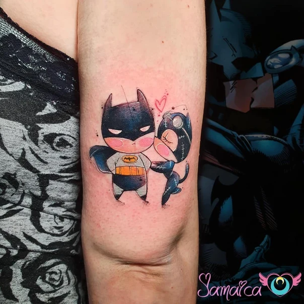 Cartoon Batman, Catwoman tattoo on Forearm