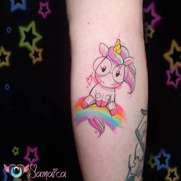 Illustrative Unicorn, Rainbow tattoo on Forearm