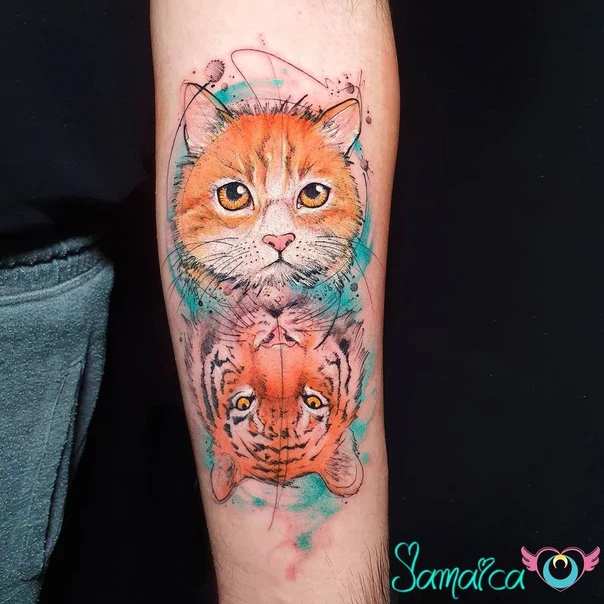 Watercolor Cat, Tiger tattoo on Forearm