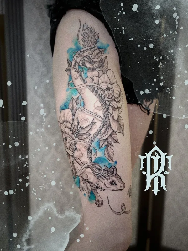 female color illustrative tatuaje en thigh #38940 | Tatuador Наталья Потапова