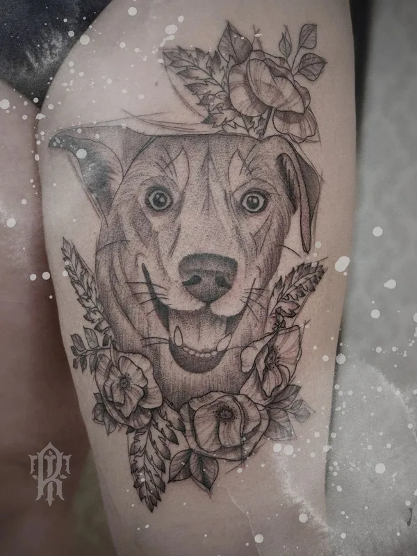 black and grey sketch tatuaje en thigh #38946 | Tatuador Наталья Потапова