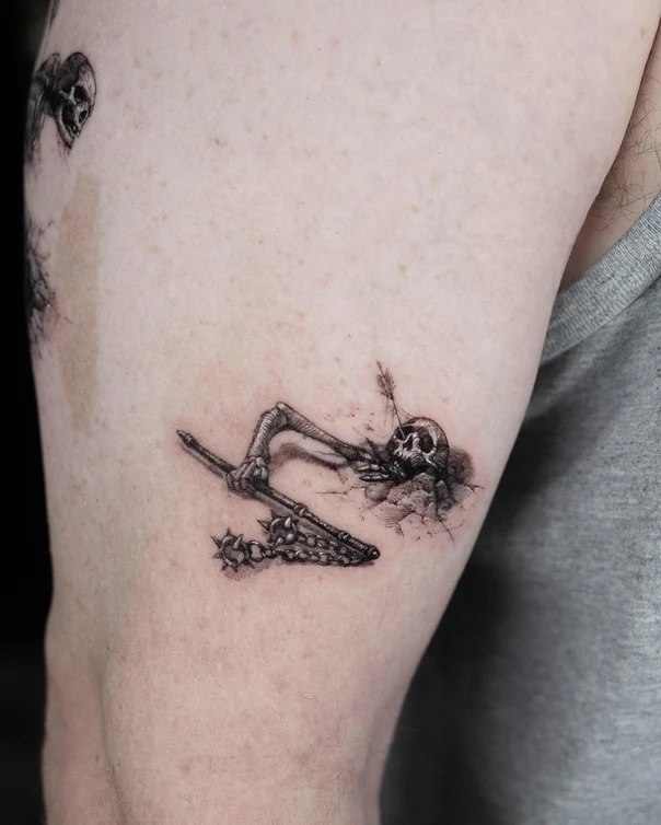 Sketch Skeleton, Weapon tattoo on Upper Arm