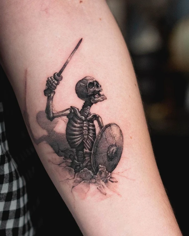 Realism Skeleton, Shield tattoo on Forearm