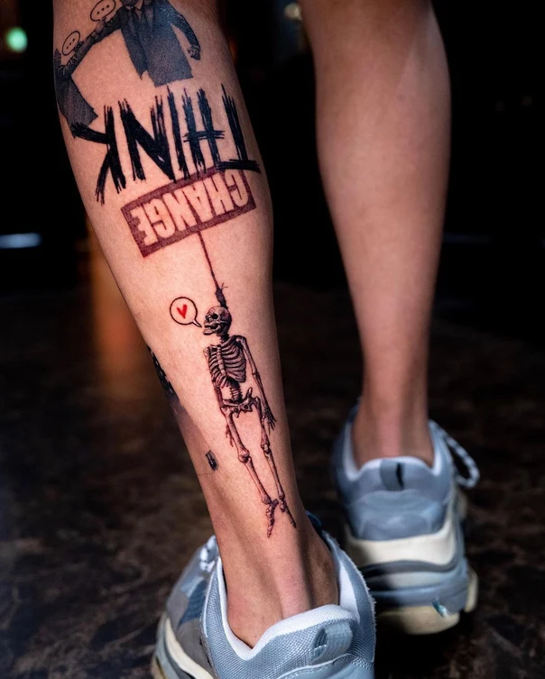 Sketch Skeleton, Lettering tattoo on Calf