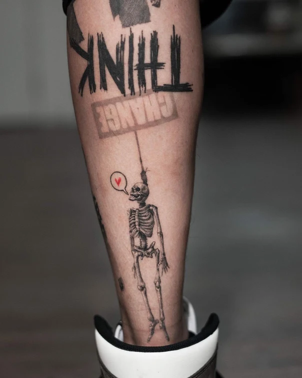 Blackwork Skeleton, Lettering tattoo on Calf