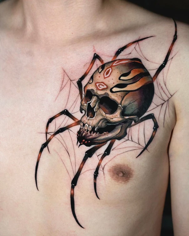 Realism Skull, Spider tattoo on Chest