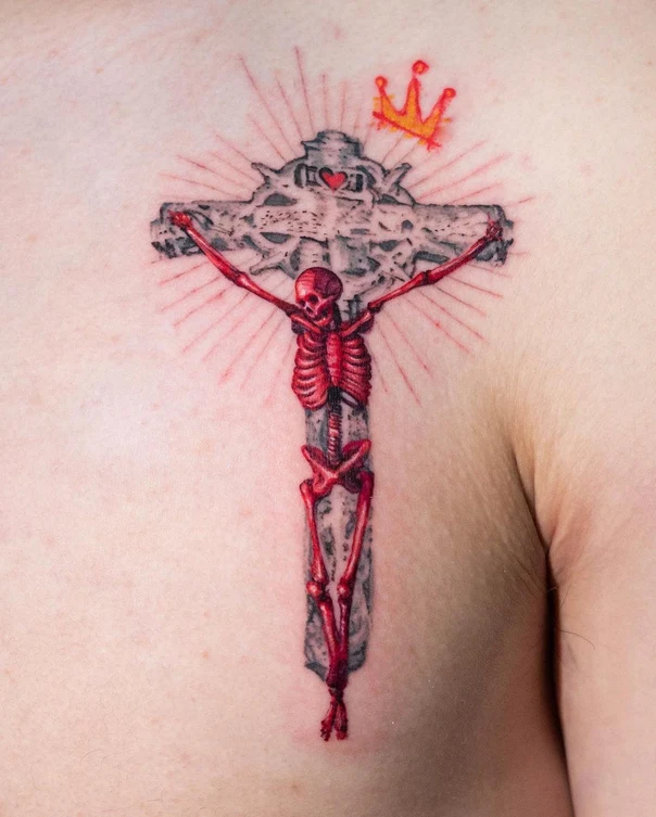 Illustrative Skeleton, Cross tattoo on Chest