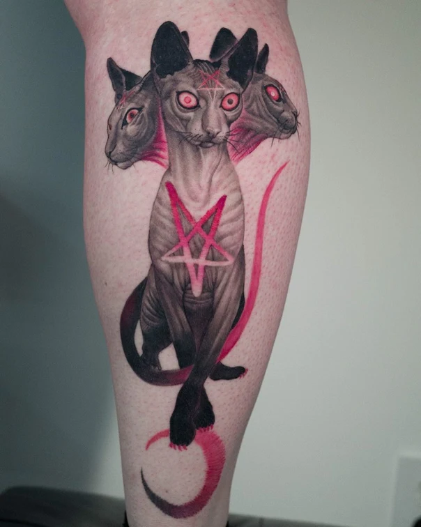Realism Cat, Pentagram tattoo on Calf