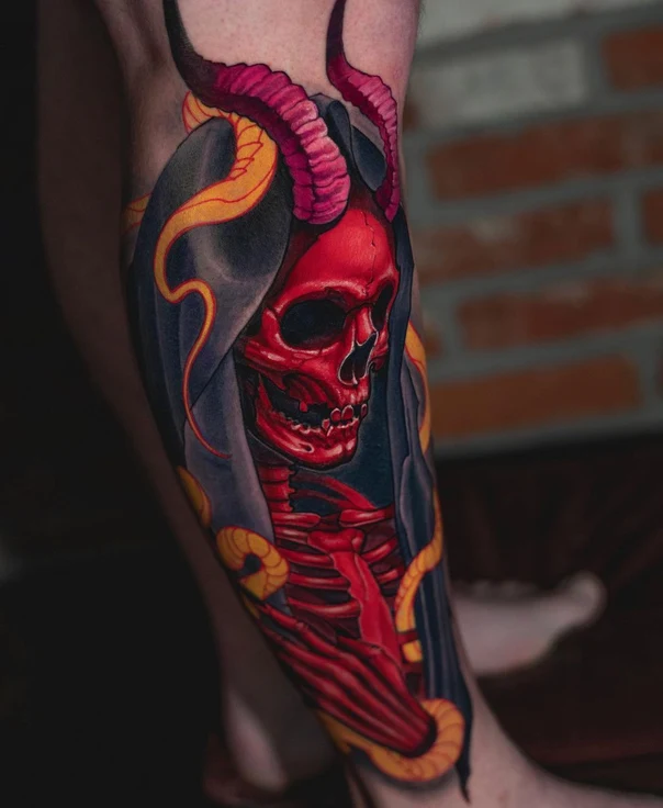 Illustrative Skull, Horns tattoo on Calf